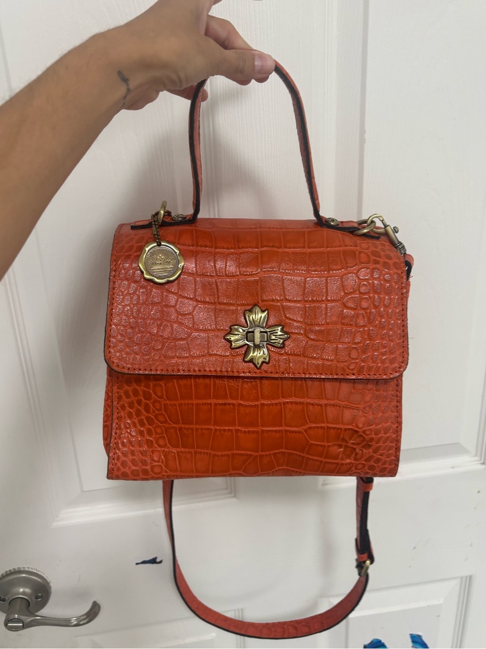 Patricia Nash Orange Croc-Embossed Top Handle Satchel with Gold Accents
